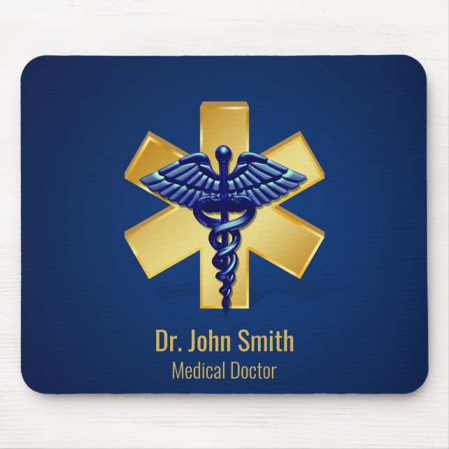 Mousepad Cruz Dourada de Caduceus 3D Médico Azul (Frente)