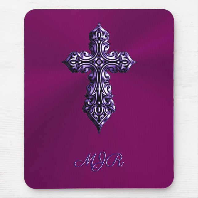 Mousepad Cruz gótica em roxo com aspecto embutido com monog (Frente)
