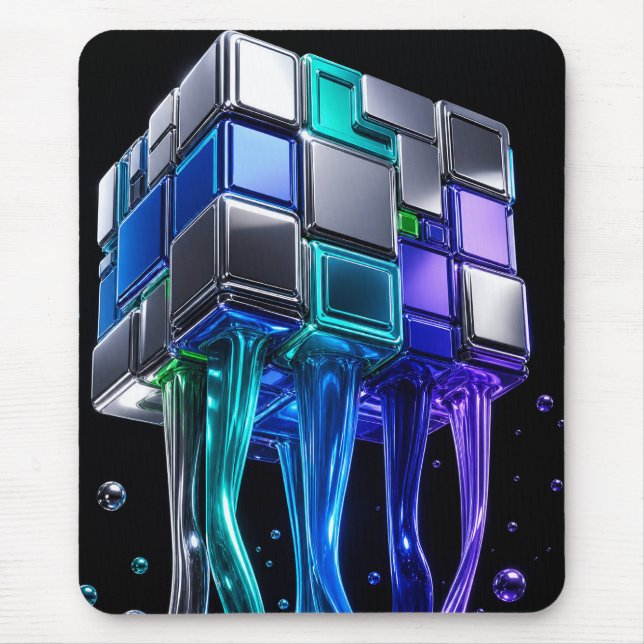 Mousepad Cubo de Quebra-Cabeça Futurista de Cromo (Frente)