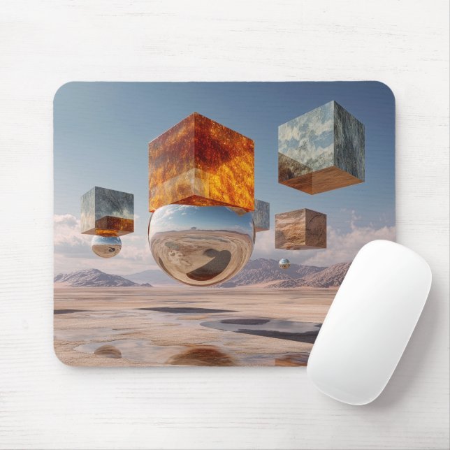 Mousepad Cubos Flutuantes Surreais e Esfera Reflexiva (Com mouse)