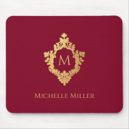 Mousepad Cume Crest Burgundy Faux Dourado Monograma Elegant