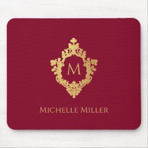 Mousepad Cume Crest Burgundy Faux Dourado Monograma Elegant