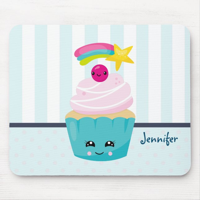 Mousepad Cupcake azul-bonito com a face Kawaii (Frente)