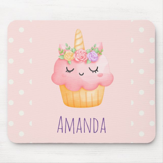 Mousepad  Cupcake rosa-claro Unicórnio com Rosas  (Frente)