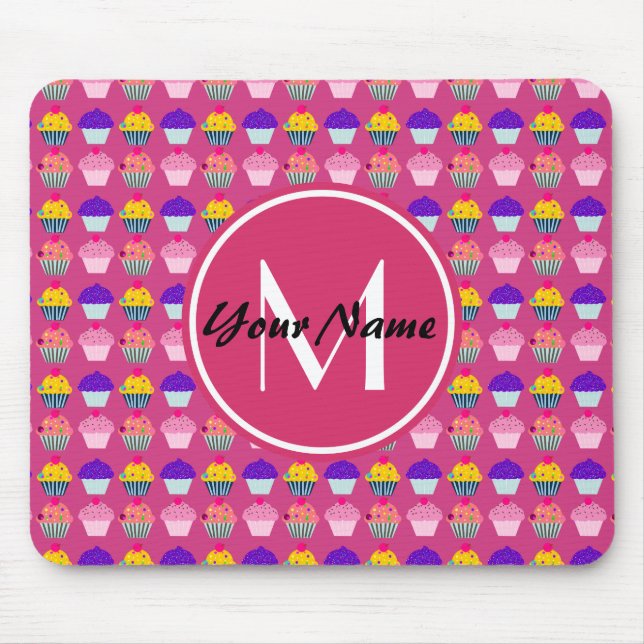 Mousepad Cupcakes Rosa Monogramados, Nome Personalizado (Frente)