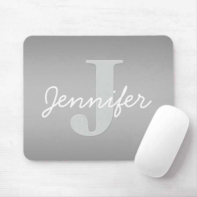 Mousepad Cursivo Branco & Monograma Cinza | Cores Editáveis (Com mouse)