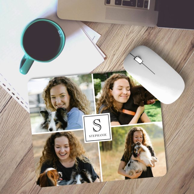 Mousepad Custom Monogram & Name 4 Photo Collage Template (Criador carregado)