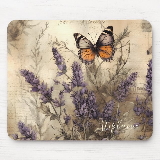 Mousepad Custom Vintage Lavender Butterfly Illustration (Frente)