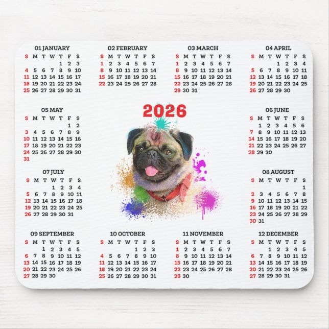 Mousepad Customisable Cute Pug Dog Calendar  (Frente)