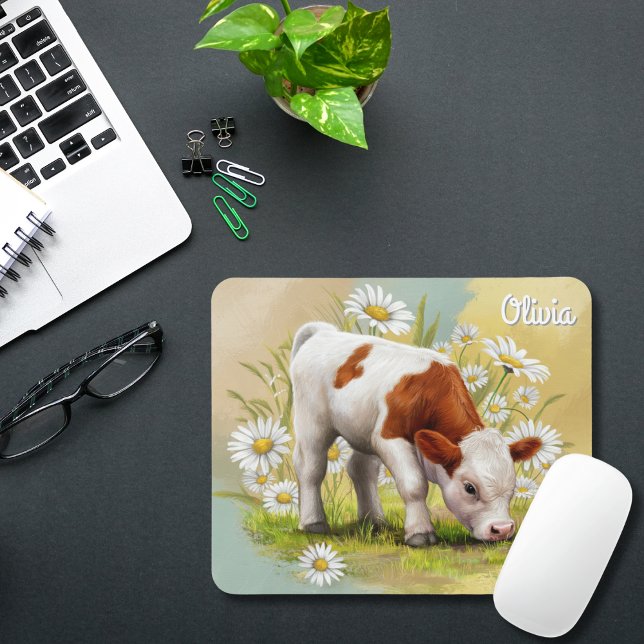 Mousepad Cute Baby Cow no campo Daisies, Country Western (Criador carregado)