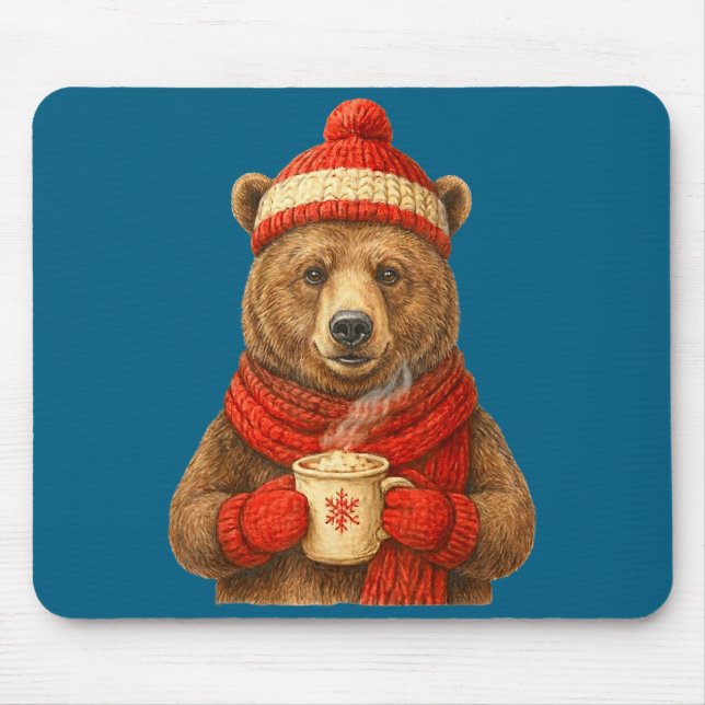 Mousepad Cute Bear With Santa Hat Coffee Lover Funny Winter (Frente)