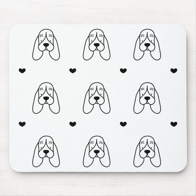 Mousepad Cute Black and White Basset Hound Heart Pattern (Frente)