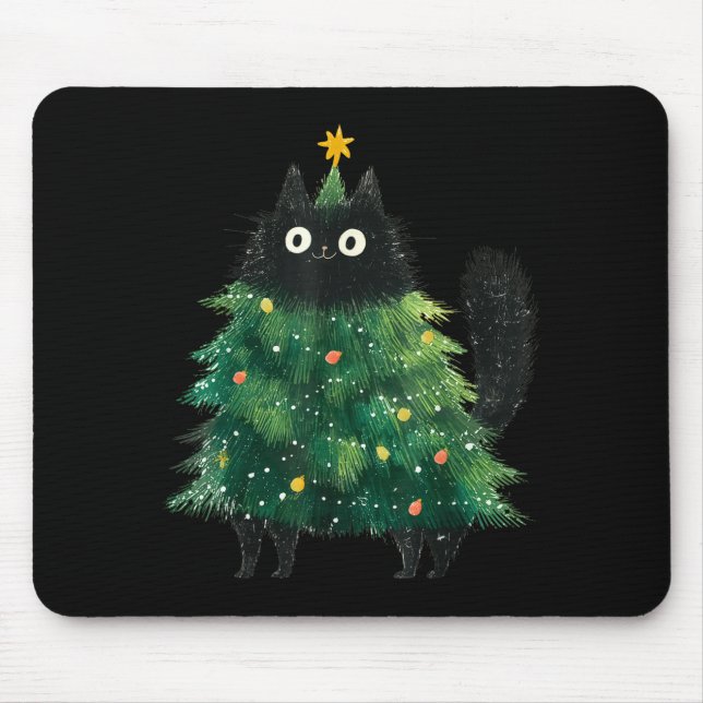Mousepad Cute Black Cat In Christmas Tree Cat Lover Holiday (Frente)