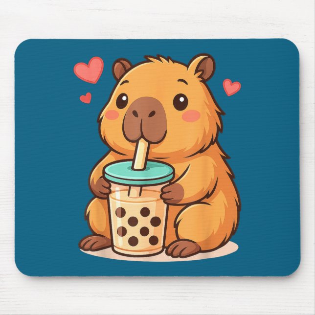 Mousepad Cute Capybara Kawaii Anime Drinking Bubble Tea Lov (Frente)