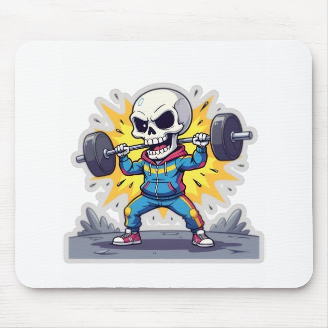 Mousepad “Cute Cartoon Skeleton Weightlifter • Funny Gym Ba (Frente)