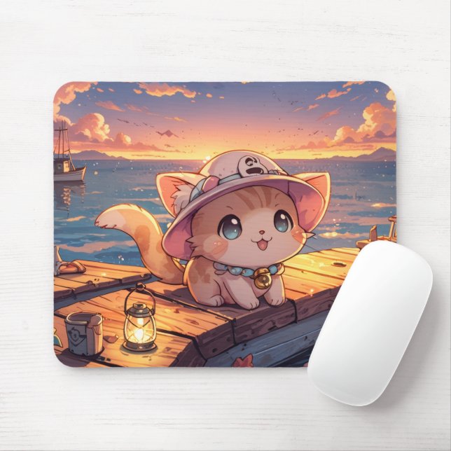 Mousepad Cute Chibi Kitten at the Harbor Sunset – Whimsical (Com mouse)