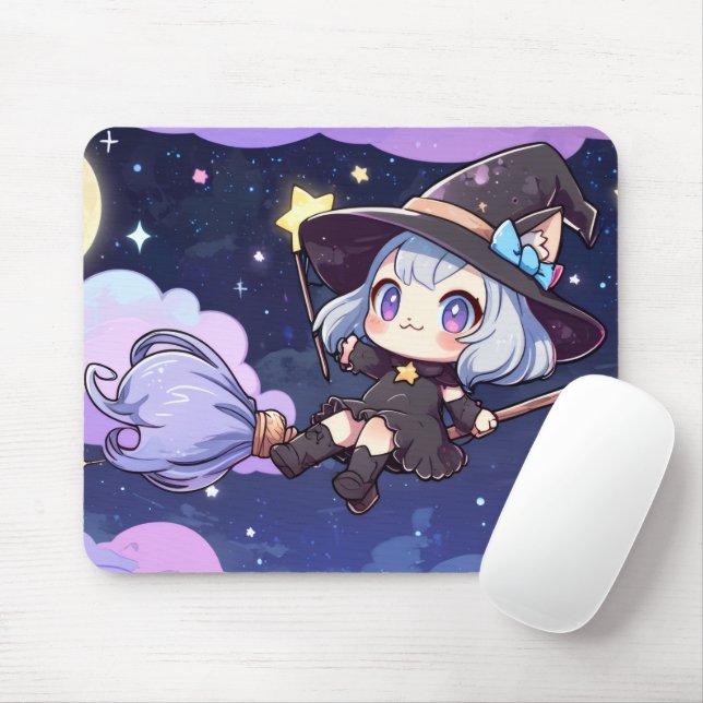 Mousepad Cute Chibi Witch Flying in the Night Sky – Whimsic (Com mouse)