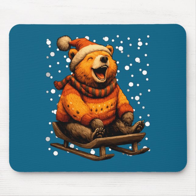Mousepad Cute Christmas Bear Sledding In Snow Funny Winter  (Frente)