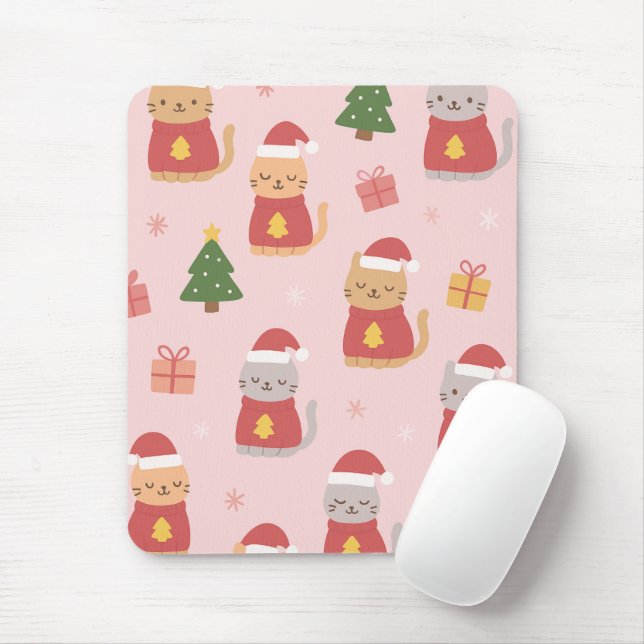 Mousepad Cute Christmas Cats Pattern – Pink Holiday Design (Com mouse)