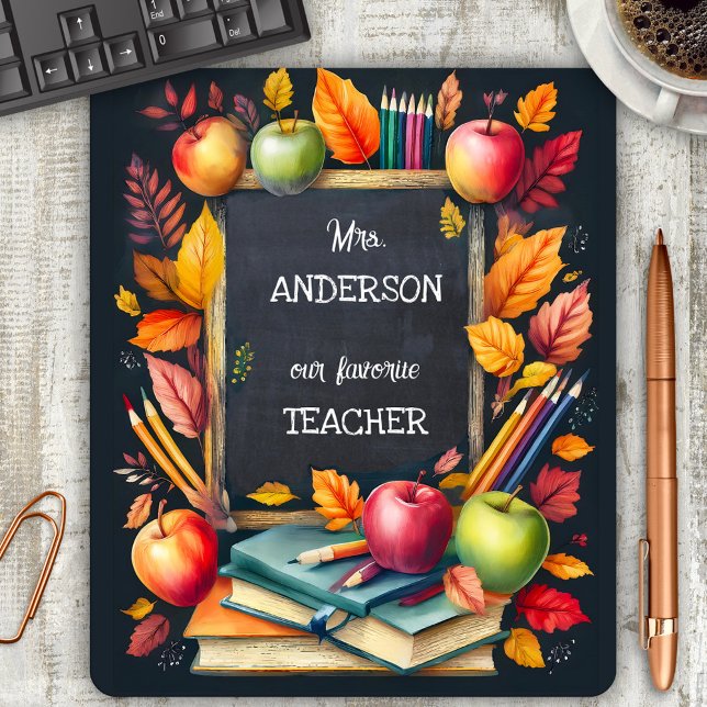 Mousepad Cute Colorful Teacher Appreciation (Mouse pad showing a blackboard/chalkboard framed by books, apples, pencils and colorful fall leaves)