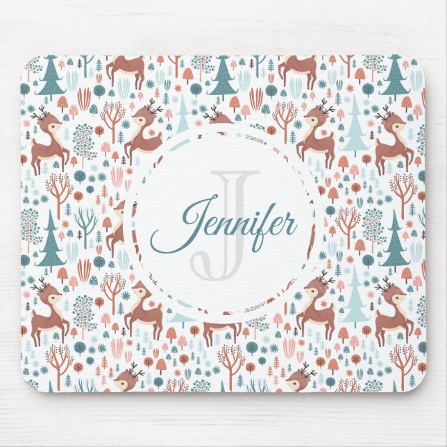 Mousepad Cute Deer in Whimsical Forest Patteric Monograma (Frente)