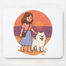 Mousepad Cute Dog Mom Walking Fluffy Pup on Sunset Beach 