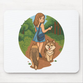 Mousepad Cute Dog Mom Walking Puppies Forest Trail Illustra