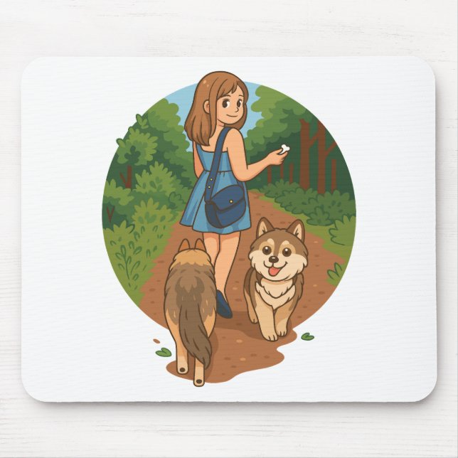 Mousepad Cute Dog Mom Walking Puppies Forest Trail Illustra (Frente)