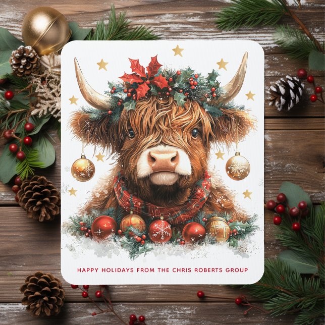 Mousepad Cute Festive Highland Cow Happy Holidays Business (Criador carregado)