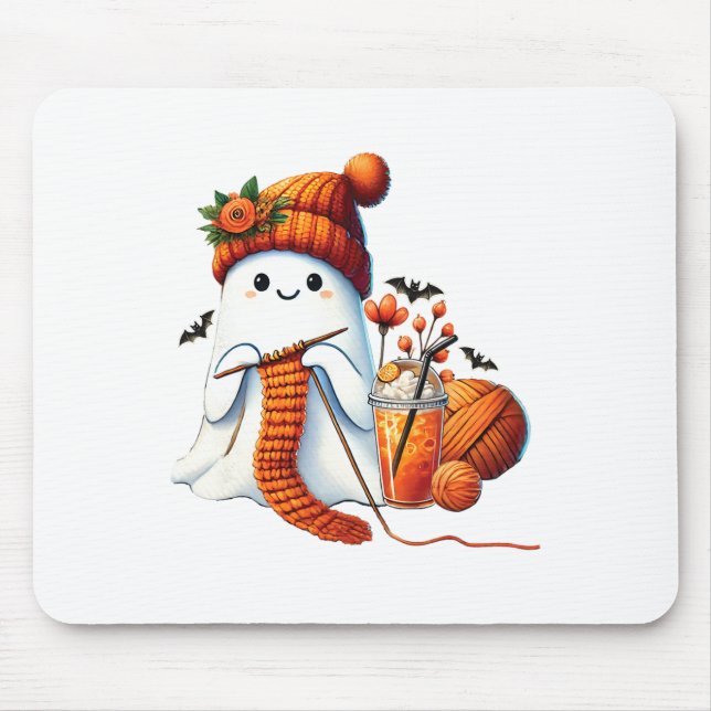 Mousepad Cute Ghost Crochet Knitting Amante Café de Hallowe (Frente)