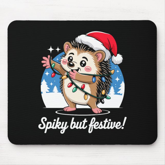 Mousepad Cute Hedgehog With Santa Hat Christmas Lights Wint (Frente)
