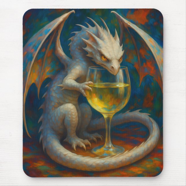 Mousepad Cute Ivory Dragon & White Wine Fantasy Art (Frente)