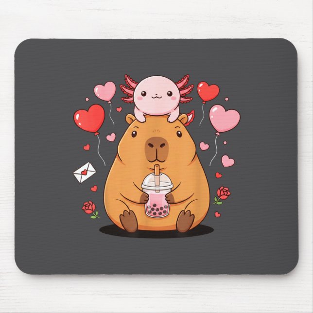 Mousepad Cute Kawaii Axolotl Capybara Bubble Tea Boys Girls (Frente)