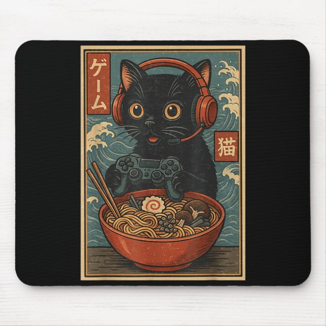 Mousepad Cute Kawaii Gamer Cat Funny Ramen Retro Japanese C (Frente)