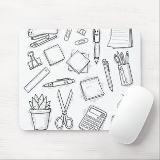 Mousepad Cute Kawaii Stationery Doodles Black and White Off