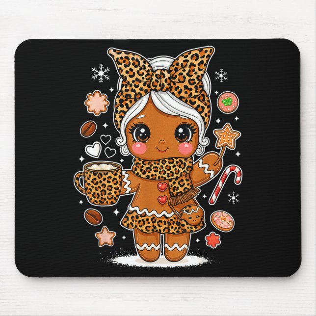 Mousepad Cute Leopard Gingerbread Girl Coquette Bow Holiday (Frente)