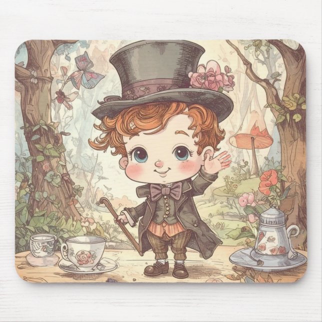 Mousepad Cute Mad Hatter Whimsical Wonderland Woodland Art (Frente)