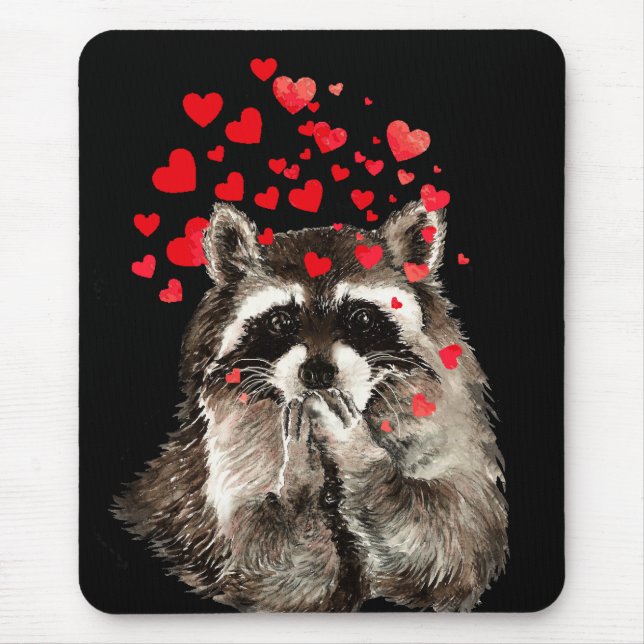 Mousepad Cute Raccoon Soprando Beijos Adoram Corações (Frente)