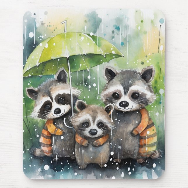 Mousepad Cute Raccoons in the Rain (Frente)