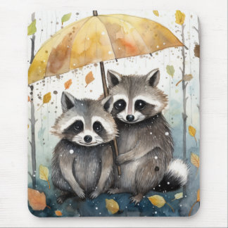 Mousepad Cute Raccoons in the Rain