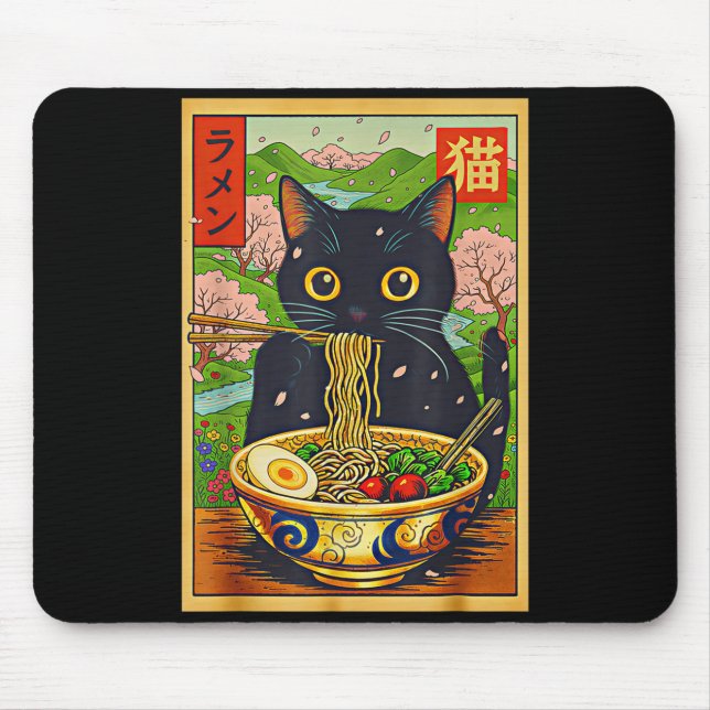 Mousepad Cute Ramen Cat Nature Flowers Noodle Anime  (Frente)