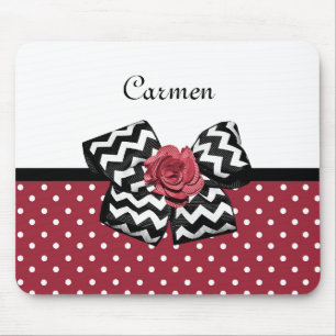 Mousepad Cute Red Polka Dots With Chevron Rose Bow and Name