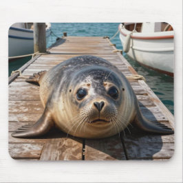 Mousepad Cute Seal Laying on Boat Dock Ocean Pier