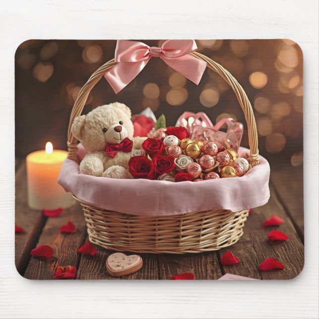 Mousepad Cute Teddy Rose Basket Romantic Valentine Office (Frente)