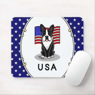 Mousepad Cute USA American Flag Boston Terrier Dog (preto)