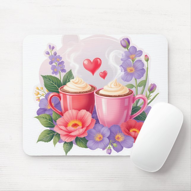 Mousepad Cute Valentine Cocoa Mugs with Flowers & Hearts (Com mouse)
