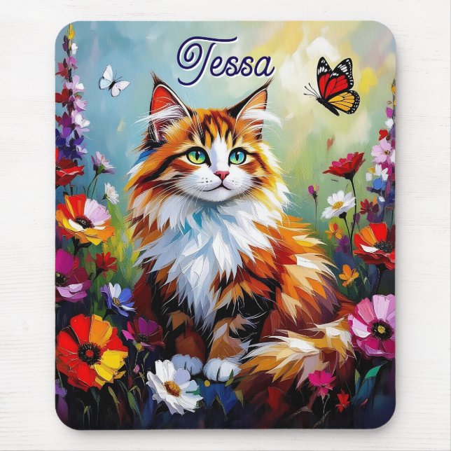Mousepad Cute Whimsical  Cat, Flowers and Butterflies (Frente)