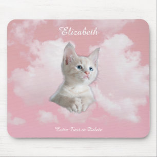 Mousepad Cute White Kitten Rosa Sky Clouds Nome, Texto Extr