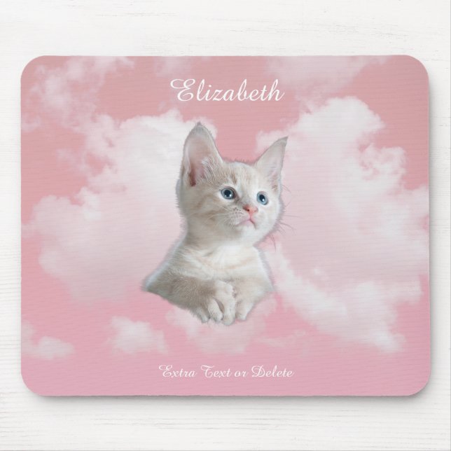 Mousepad Cute White Kitten Rosa Sky Clouds Nome, Texto Extr (Frente)