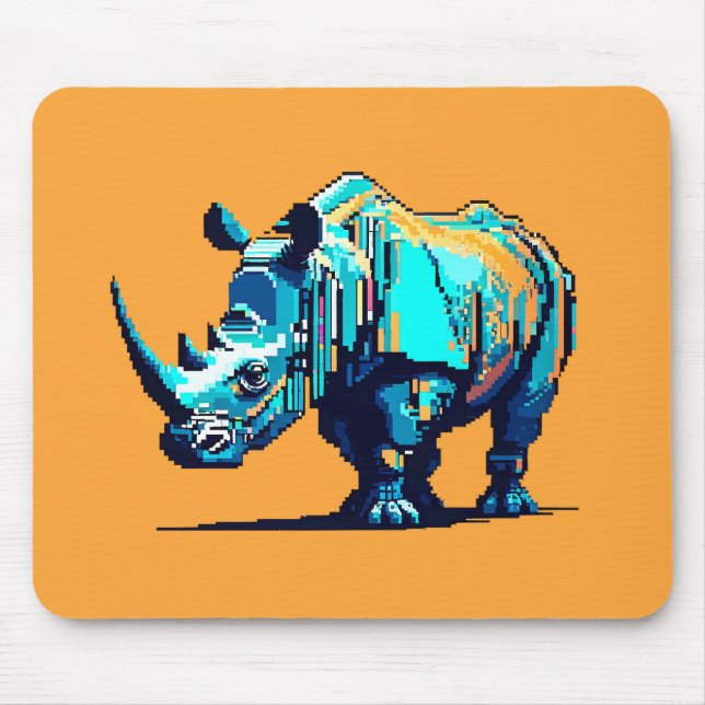 Mousepad Cyan Orange Pixel Art Rhino Retro Gamer (Frente)